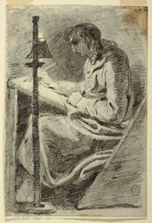 Teckning, En konstnär tecknar i lampsken, 1800-1820