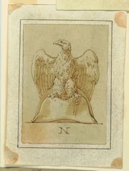 Teckning, projekt: Örn med inverterade vingar, stående på en fransk bicornehatt, ca 1800