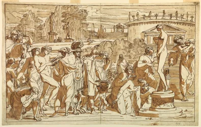 Teckning, Venusdyrkan i ett klassiskt landskap, ca 1820