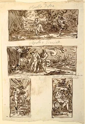 Fyra teckningar av myten om Apollon; Dekoration av en vägg över en mantel, Sala di Apollo, Palazzo Cavina, Faenza