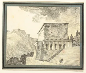 Imaginärt klassiskt tempel i bergen