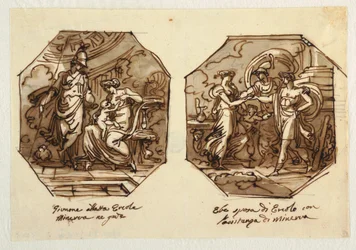 Juno Suckling Hercules, Hebe gifter sig med Hercules med hjälp av Minerva, designad för Sala di Ercole e Ebe, Palazzo Gaddi, Forli.