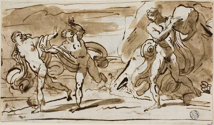 Polyphemus kastar stenblock mot de flyende Aeis och Galatea (recto); Polyphemus spelar sina vassrör för Galatea (verso)