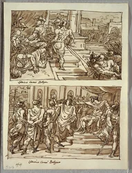 Remus dödar kung Amulius; Remus ledde i kedjor inför kung Amulius; Två studier efter Carracci