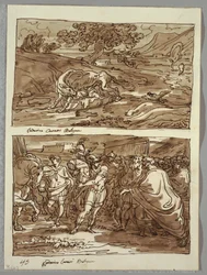 Romulus och Remus diade vargen; Romulus tillägnar Jove Feretrius bytet av den erövrade kungen Acronius, två studier efter Carracci