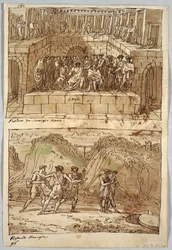 Skissboksida, Folio 98: Två målningar efter Caravaggio och Raphael; Verso: Eagle and Ox