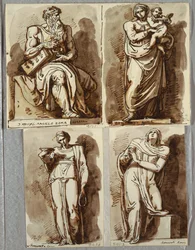 Studier efter fyra statyer på Julius II:s grav, efter Michelangelo: Moses; Madonna och barn; Lea, Dygd; Rachel, Religion