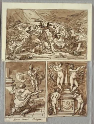 Striden mellan romarna och sabinerna; Uppenbarelse av Romulus till Proculus, två studier efter Carracci; Kandelaber
