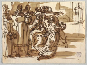 Prelaten och pallbärarna och kvinnorna nära dem i "Expulsion of Heliodorus" efter Raphael Sanzio