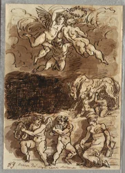 Tre Putti med Garland; Romulus och Remus ammar från She-Wolf; Två Putti som spelar cymbaler