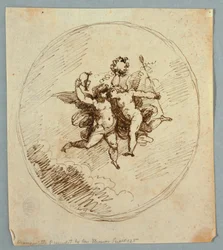 Två flygande putti med Dionysos attribut