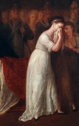 En kvinna som lagen som styr moderns ställning inom familjen, underlägsen mannens. Detalj av tillkännagivandet av civillagen eller Napoleon Bonapartes lag den 21/03/1804 (målning