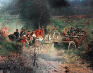 Tredje italienska självständighetskriget: "" Slaget vid Bezzecca"" Den 21/07/1866 motsatte man sig kroppen av jägarna av Giuseppe Garibaldi mot den österrikiska armén. Detalj. Målning av Felice Zennaro (1833-1926) Milano, Risorgimentos museum