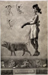 Pornokrates (naken kvinna, med ögonbindel, omgiven av änglar och hållande en gris i koppel) - teckning av Félicien Rops (1833-1898)