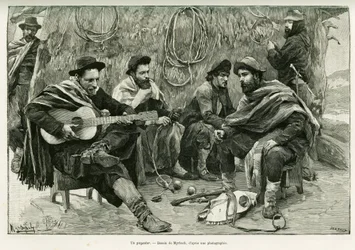 En payador, duell på vers av vandrande sångare. Gravyr av Myrbach, för att illustrera berättelsen Voyage a la Plata, 1886, av Emile Daireaux, i le tour du monde 1888, regisserad av Edouard Charton (1807-1890), Hachette, Paris.