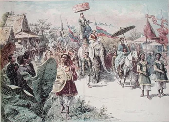 Cortege för guvernören i Hanoi, ca 1870-80 (färg litho)