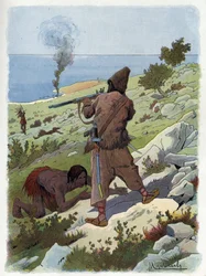 Robinson Crusoe dödar vildarna som jagar fredag.