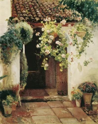 Entréhall med pelargoner (olja på duk)