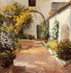 Patio de monjas (klostrets innergård). Målning gjord i Marmolejo i provinsen Jaen i Spanien. Olja på duk av Felipe Abarzuza (1871-1948), första hälften av 1900-talet. Provinsmuseet i Cadiz (Cadiz).