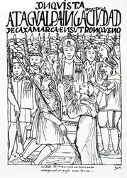 Diego de Almagro, Francisco Pizarro och broder Vicente de Valverde knäböjande inför inkan Atahualpa i Cajamarca
