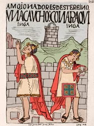 Bläckteckning från manuskriptet "" New Chronicle and Good Government"" av Don Felipe Puma de Ayala som illustrerar inkans liv, cirka 1587 Lima, National Museum of Anthropology, Arqueo