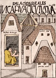 Inca Empire: Temples and Palaces in Cuzco, Peru - Bläckteckning från manuskriptet "" New Chronicle and Good Government"" av Don Felipe Puma de Ayala som illustrerar inkans liv, cirka 1587 Lima, National Museum of Anthropology, Archaeology and History de
