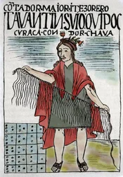 Quipu (Quipo Quipou), inkaindianernas bokföringssystem med rep och knutar, inkakultur 1400-1532 e.Kr., manuskript av Felipe Guaman Puma de Ayala (Nueva Coronica y buen Gobierno), indiansk krönikör från 1500-talet.