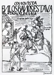 Sebastián de Benalcázar och Hernando Pizarro konfronterar inkan Atahualpa i de kungliga baden i Cajamarca