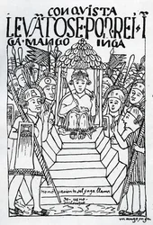 Den nykrönade Manco Inca på tronen i Cuzco (träsnitt)
