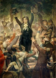 Camille Desmoulins (1760-1794) eggar patrioterna i Palais Royals trädgårdar. Första scenen i franska revolutionen i Paris: den 12/07/1789, efter kungens avskedande av Jacques Necker, eggar Camille Desmoulins folkmassan vid Palais Royal