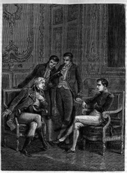 Jean-Jacques Régis de Cambacérès (1753-1824) visar Bonaparte, dåvarande förste konsul, och hans bröder Joseph och Lucien sin sinnrika kombination för att få honom utnämnd till Bonaparte, konsul på livstid, omkring 1804 - (Cambacérès föreslår Bonapartes