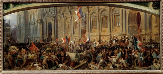 1848 års revolution: "" Alphonse de Lamartine (1790-1869), fransk författare och politiker, förkastar den röda flaggan i rådhuset den 25/02/1848." Målning av Felix Philippoteaux (ca 1815-1884)