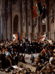 Revolutionen 1848: Alphonse de Lamartine (1790 - 1869), som på stadshuset avvisar den röda flaggan till förmån för trikoloren. Paris, 26 februari 1848. Detalj av en målning av Henri Félix Philippoteaux (1815 - 1884), Paris, Musée du Petit Palais