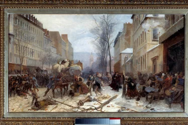 Scen där preussiska arméer bombade i Paris i januari 1871 Kriget 1870-1871: den preussiska arméns belägring av Paris. Målning av Henri Felix Philippoteaux (1815-1884). Dämpa. 0,46 x 0,81 m. 1871. Paris, musée Carnavalet - Bombningsplats i Paris av Pr