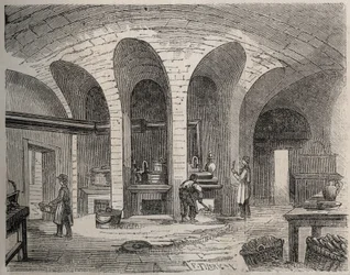 Paris - Prison de la petite Roquette (fängelse för kvinnor och tonåringar) - Les Cuisines - Gravyr av efter Felix Thorigny - i Le Monde Illustre från juli 1865
