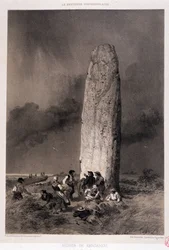 Bönder runt menhiren i Kergadiou (Finistere) - i "" La Bretagne contemporaine"", ill. av Felix Benoist, red. Charpentier, Paris