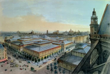 Vy över Les Halles i Paris från Saint-Eustaches övre galleri, omkring 1870-80