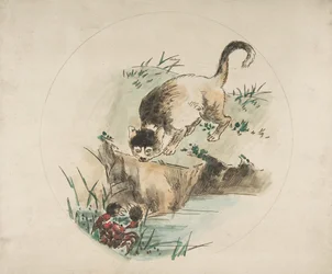 Dekoration för en tallrik: En katt som jagar en krabba, 1850-1914.