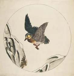 Dekoration för en tallrik: En anka som flyger över snötäckta grenar, 1850-1914.