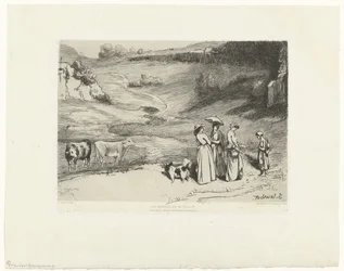 Unga kvinnor ger herdinna pengar i kuperat landskap Les demoiselles du villages (titel på objekt)