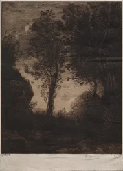 Landskap: Solnedgång, efter Corot