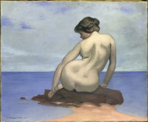 Badande sittande på en sten, 1910.
