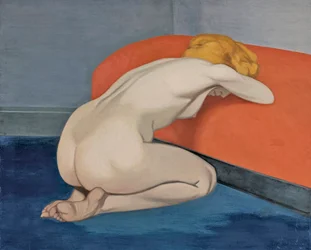""Naken kvinna som knäböjer framför en röd soffa"" Naken kvinna knäböjer framför en röd soffa av Vallotton, Felix Edouard (1865-1925)