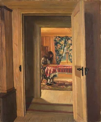 Interiör med en ung flicka som skriver, 1905