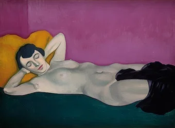 Kvinna som ligger framför en violett bakgrund. 1924
