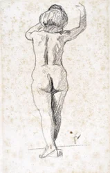 Nu de dos - Konstverk av Felix Vallotton (1865-1925), grafit på papper (28x18 cm), tidigt 1900-tal - Saint Roch hospice museum, Issoudun - Obligatoriskt omnämnande
