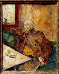 Porträtt av Paul Verlaine (1844 - 1896), fransk poet, sittande vid baren framför ett glas absint. Målning tillskriven Felix Vallotton (1865-1925)