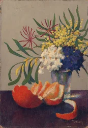 Stilleben med blommor och en apelsin (olja på kartong)