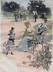 Barnens promenad till acklimatiseringsträdgården i Paris år 1892. Akvarellgravyr.