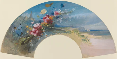 Fan med vilda blommor och fjärilar mot Norman Coast